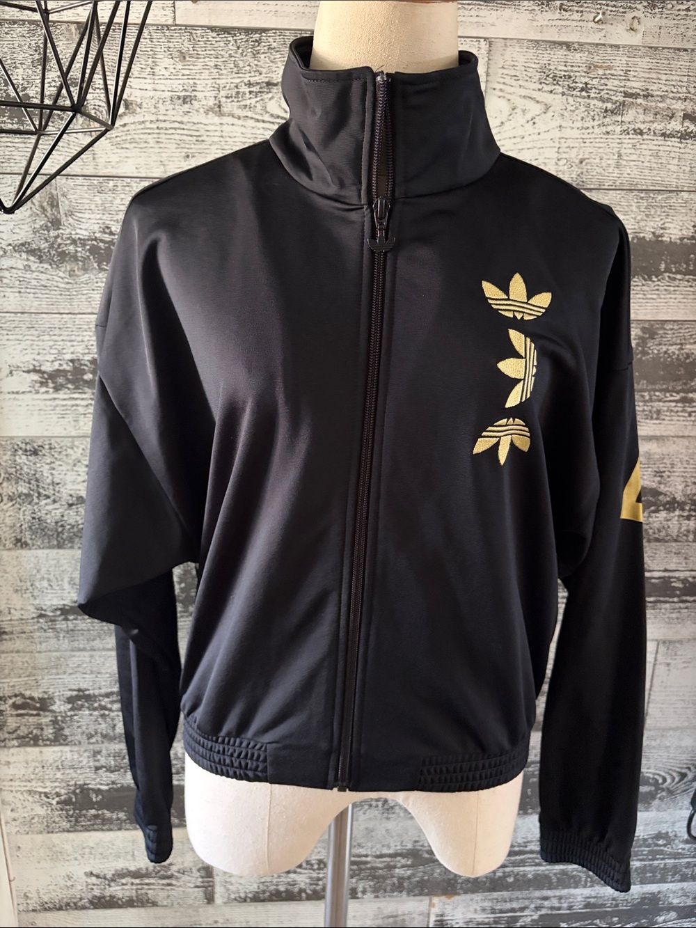 adidas Black Track Jacket with Gold Trefoil Accents